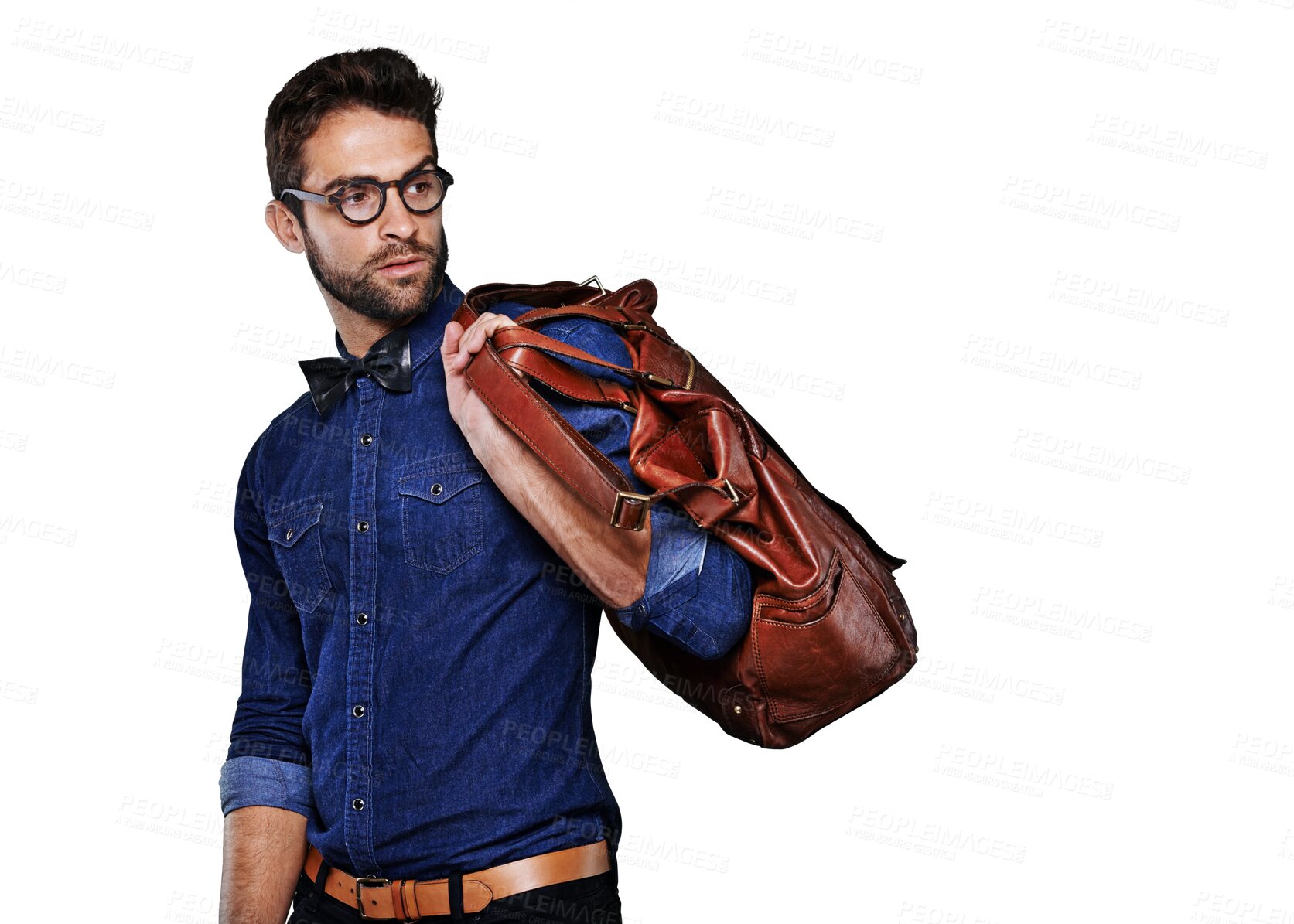 Buy stock photo Isolated business man, case and travel for vision, thinking or retro fashion by transparent png background. Young businessman, model and idea for luggage, leather bag or vintage clothes for aesthetic