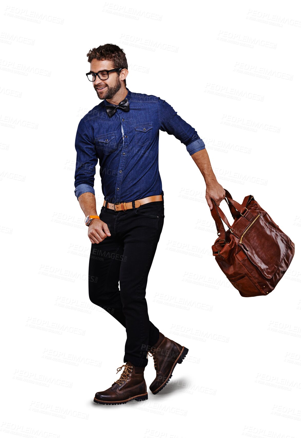 Buy stock photo Fashion, smile and model or man with a bag or style of clothes for travel isolated in a transparent and png background. Cool, fun and young person or hipster with a retro suitcase walking