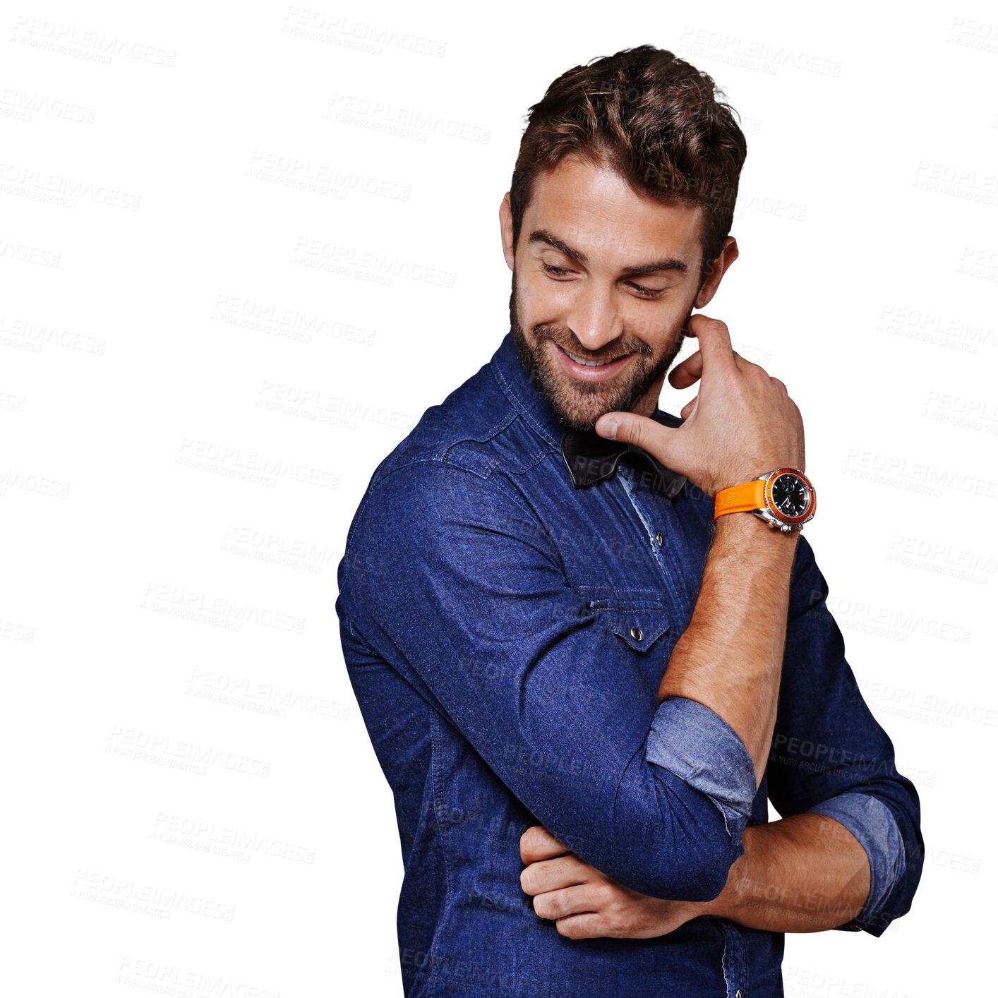 Buy stock photo Thinking, fantasy and man with a smile, stylish clothes and confident guy isolated against a transparent background. Thoughts, male person or happy model with casual outfit, ideas and wonder with png