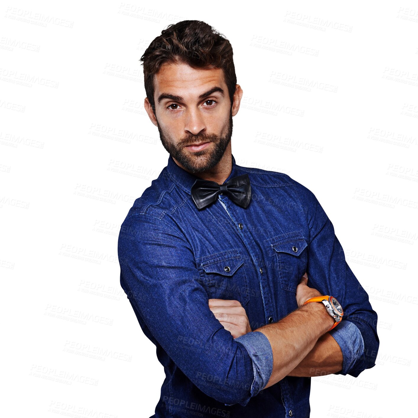 Buy stock photo Man, face and portrait with arms crossed in confidence of a creative casual designer isolated on a transparent PNG background. Confident male person or model posing with denim shirt for fashion style