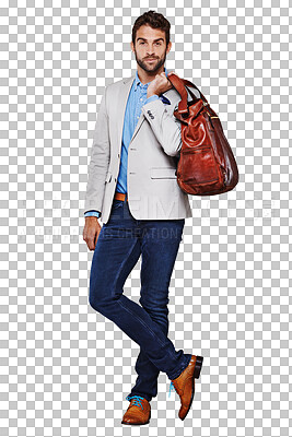 Buy stock photo Bag, body and business man in portrait isolated on transparent, png background in fashion or travel. Model, employee or designer person with professional clothes and creative suit for job opportunity