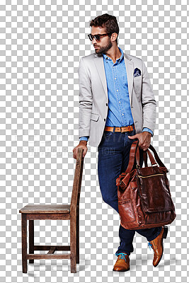 Buy stock photo Man, fashion and style with leather bag, sunglasses and casual or semi formal clothing leaning on chair. Confident, attractive and stylish male model posing isolated on a transparent PNG background