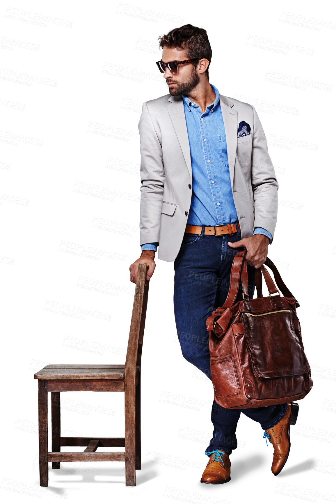 Buy stock photo Man, fashion and style with leather bag, sunglasses and casual or semi formal clothing leaning on chair. Confident, attractive and stylish male model posing isolated on a transparent PNG background