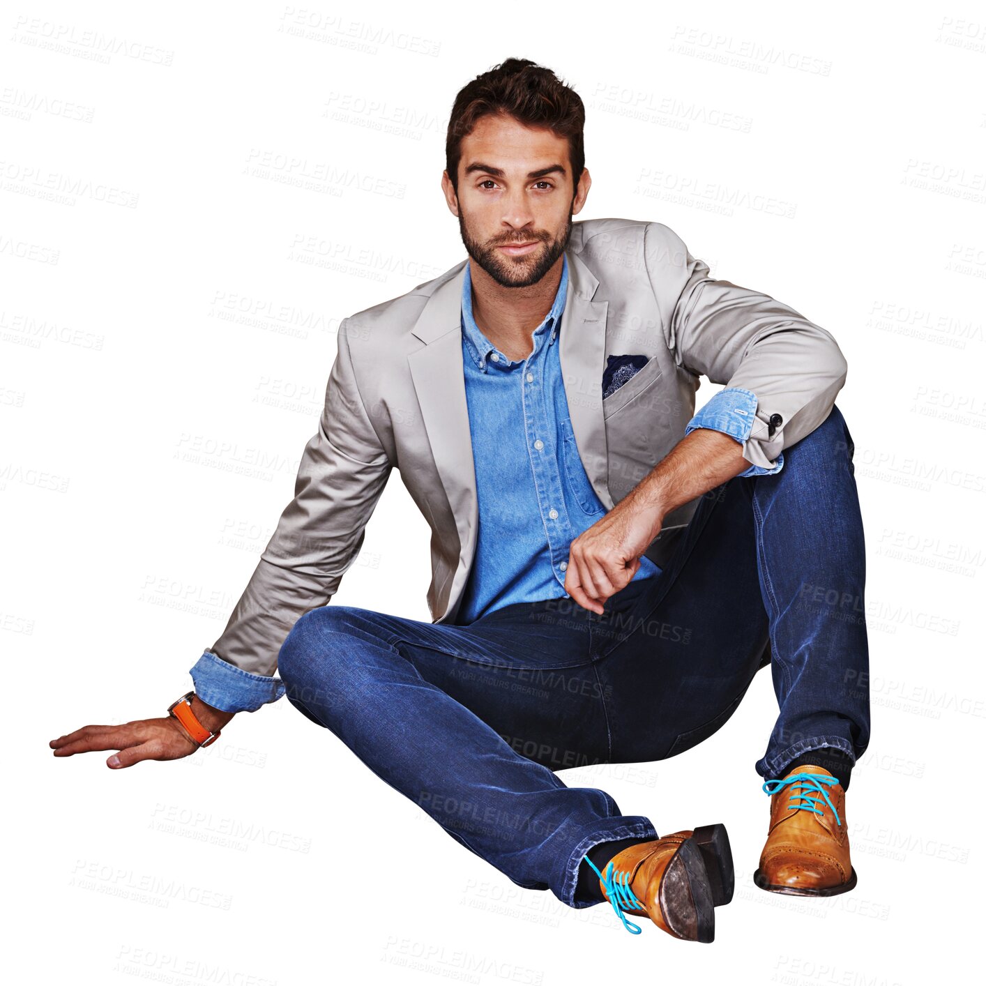 Buy stock photo Fashion, stylish and portrait of a sitting businessman isolated on a transparent png background. Handsome, relax and a man with clothes for corporate and professional career or the workplace