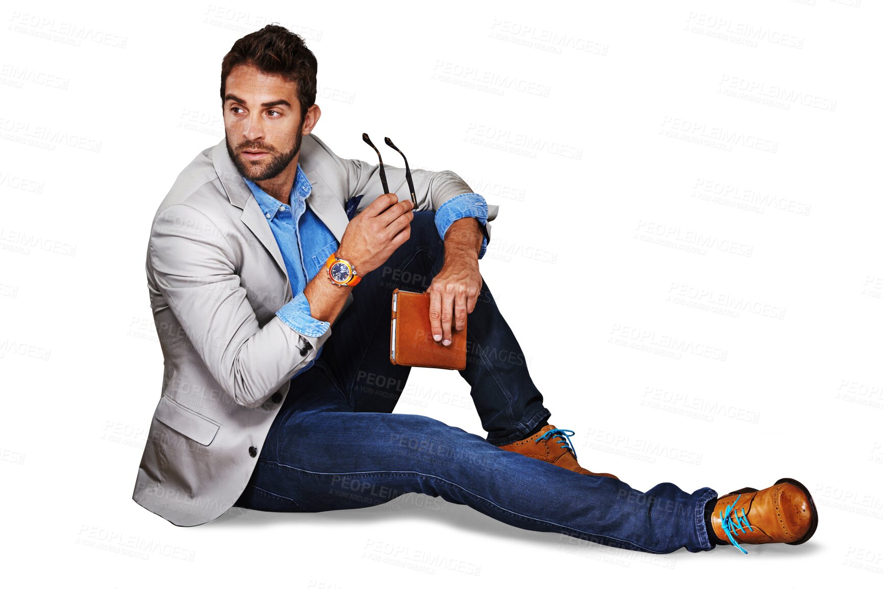 Buy stock photo Floor, fashion and business man thinking isolated on transparent png background for startup project and notebook. Bookkeeping, notes and businessman, person or model in professional clothes on ground