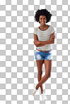 Portrait of an attractive and happy young woman wearing a striped sweater and denim shorts indoors isolated on a png background