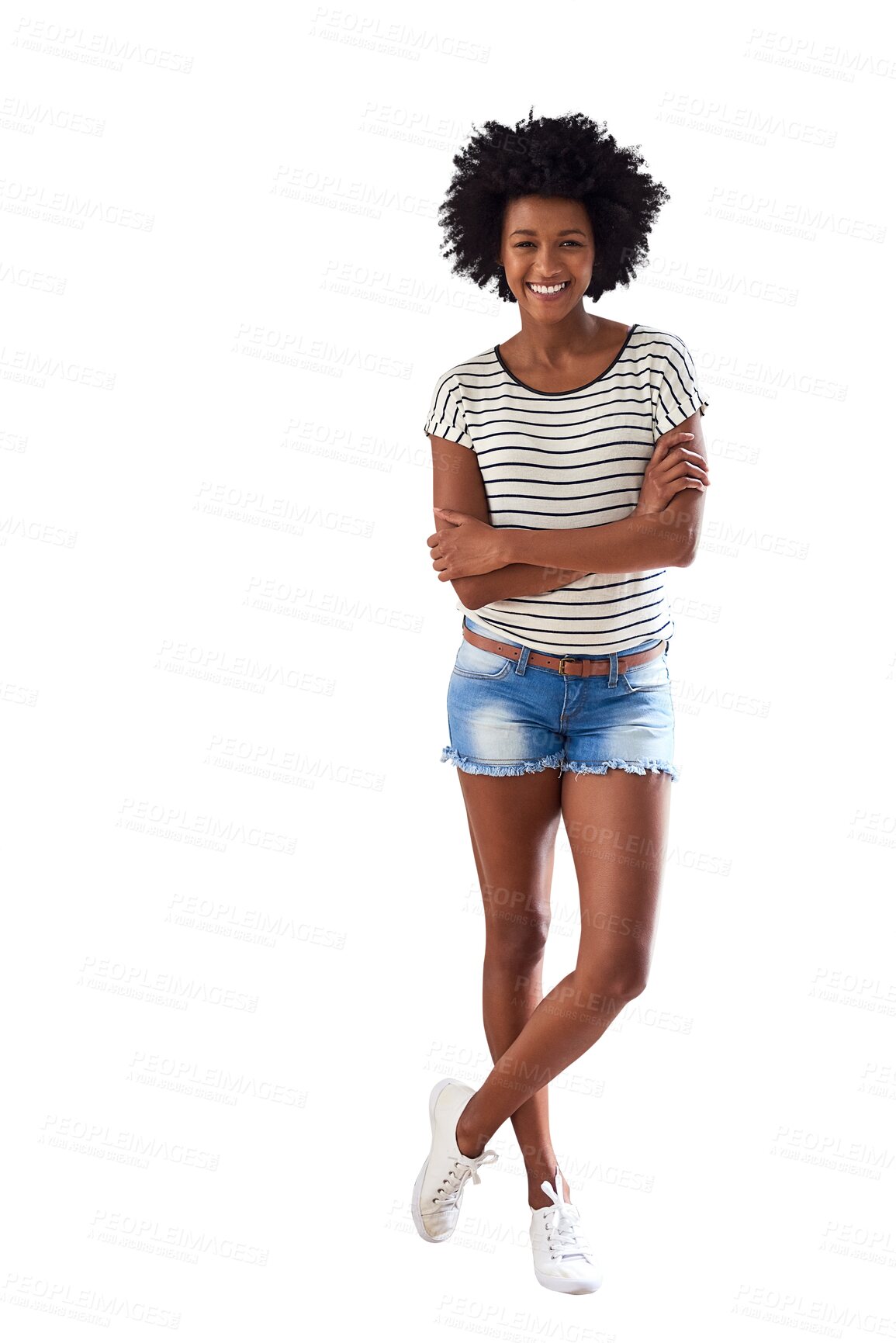 Buy stock photo Fashion, body and happy woman in portrait isolated on transparent, png background for cool youth in summer. Shorts, confidence and young african person, student or model in casual trendy clothes