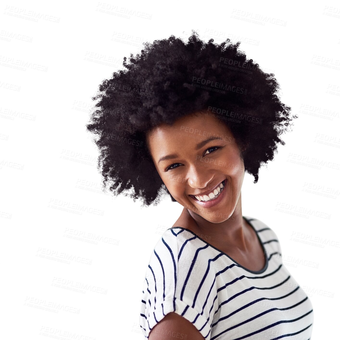 Buy stock photo Portrait, beauty and black woman with a smile, casual outfit and confident girl isolated against a transparent background. Face, Nigerian and female person with happiness, afro and freedom with png 