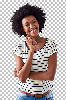 Buy stock photo Happy, smile and portrait of black woman on transparent background for fashion, casual and trendy style. Natural, happiness and pride with female person on png for cool, attractive and confidence