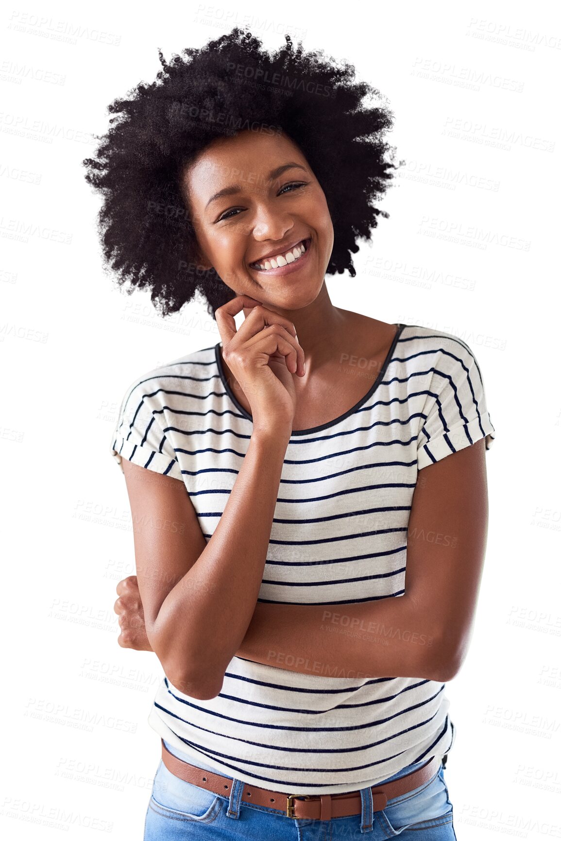 Buy stock photo Happy, smile and portrait of black woman on transparent background for fashion, casual and trendy style. Natural, happiness and pride with female person on png for cool, attractive and confidence