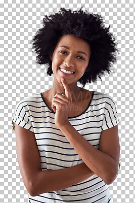 Buy stock photo Happy, thinking and portrait of black woman on transparent background for fashion, idea and trendy style. Natural, happiness and pride with female person on png for cool, attractive and confidence