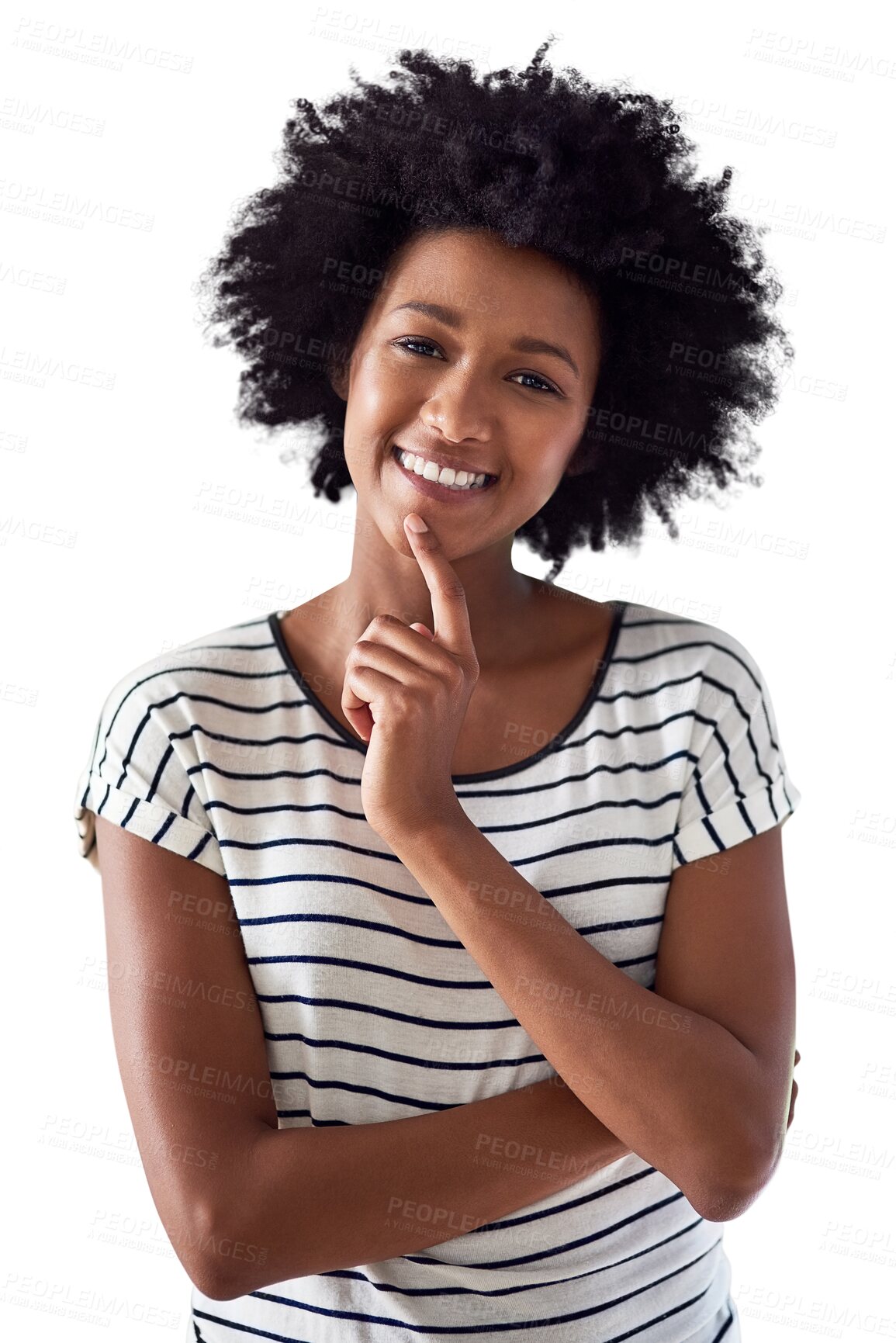 Buy stock photo Happy, thinking and portrait of black woman on transparent background for fashion, idea and trendy style. Natural, happiness and pride with female person on png for cool, attractive and confidence