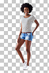 Portrait of an attractive and happy young woman wearing a striped sweater and denim shorts indoors isolated on a png background