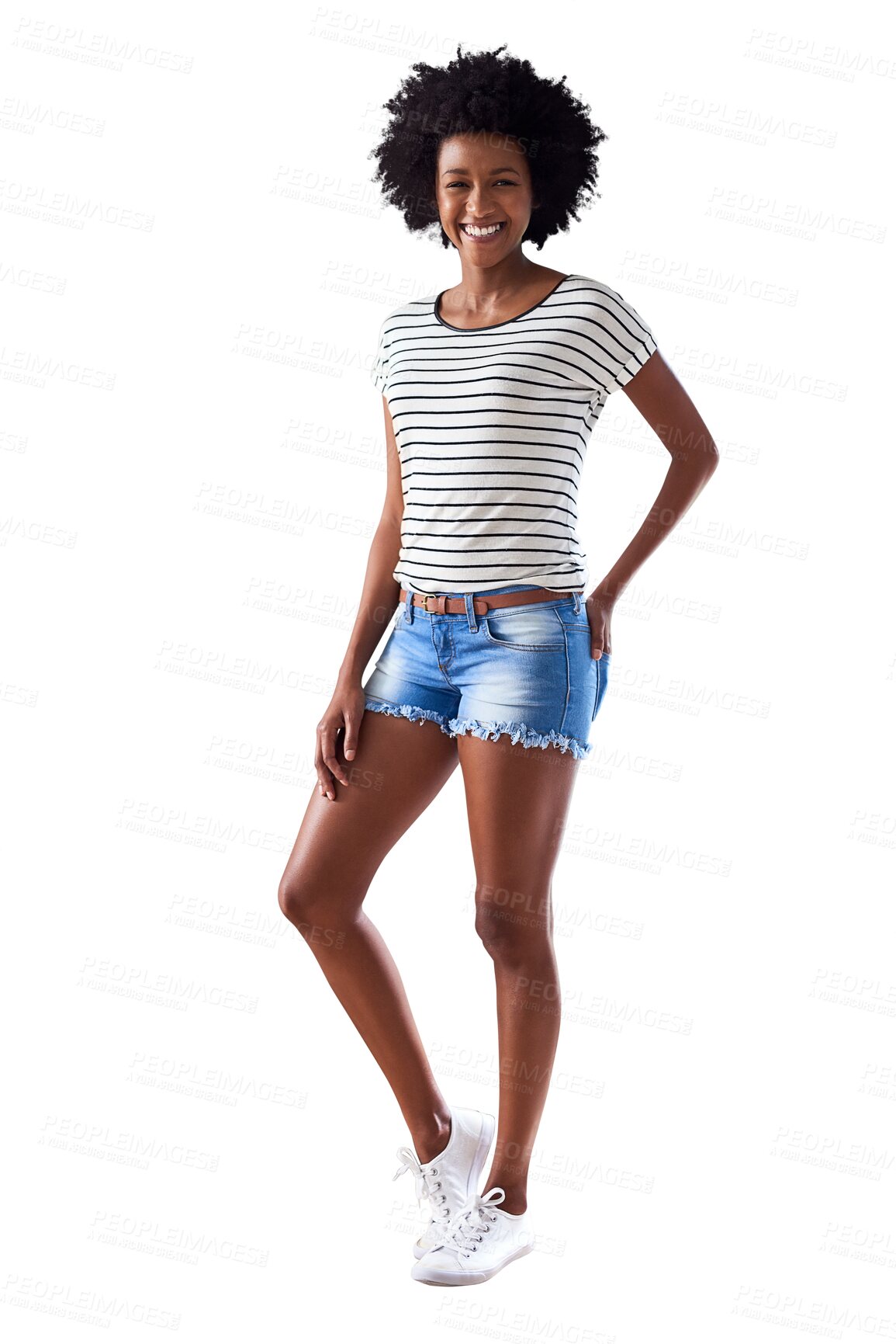 Buy stock photo Smile, portrait of a black woman isolated and against a transparent png background pose for happy. Summer clothing, clothes promotions and African female person posing for health wellness smiling