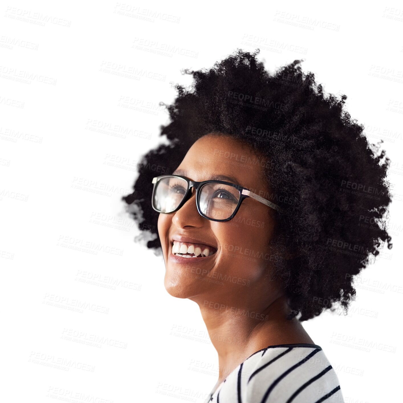 Buy stock photo Glasses, thinking and happy woman or student isolated on transparent, png background for college ideas or inspiration. Eye care, vision and smile of african person with university idea and knowledge