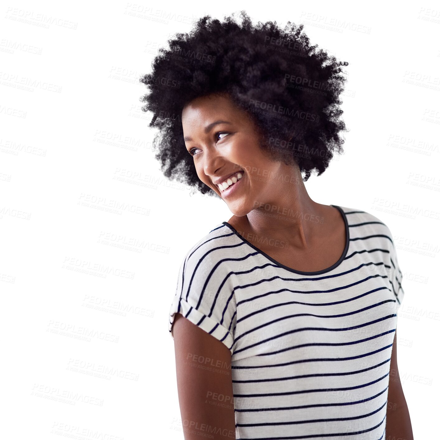 Buy stock photo Isolated African woman, thinking and smile with fashion, beauty and vision by transparent png background. Girl, model or young college student with natural afro, ideas and t-shirt with happiness