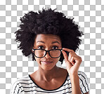 Studio shot of an attractive young woman peeking over her glasses isolated on a png background