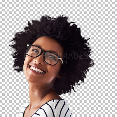 Buy stock photo Glasses, idea and happy woman or student isolated on transparent, png background thinking of college or inspiration. Eye care, vision and smile of african person in university, education or knowledge