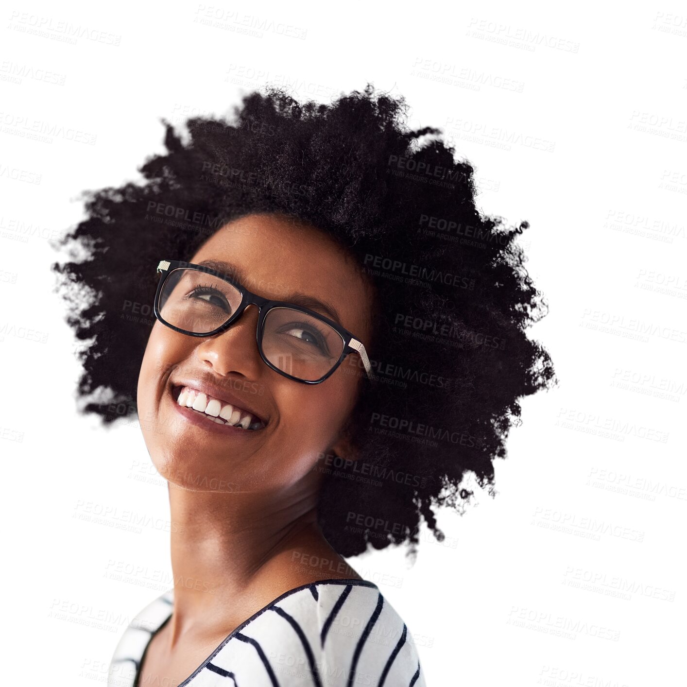 Buy stock photo Glasses, idea and happy woman or student isolated on transparent, png background thinking of college or inspiration. Eye care, vision and smile of african person in university, education or knowledge