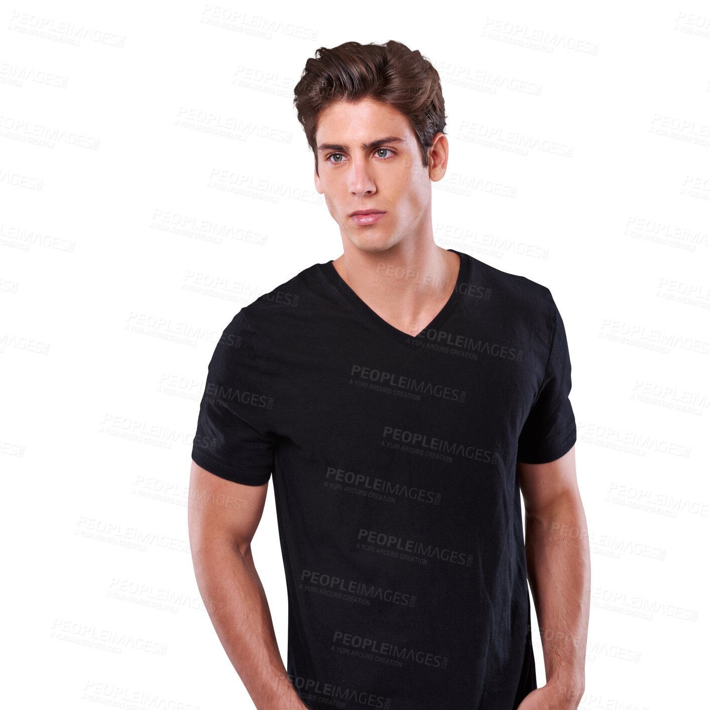 Buy stock photo Fashion, serious and young man isolated on a transparent, png background for plain black tshirt promotion. Handsome person or male in youth clothes for retail sale, discount and cool minimal style