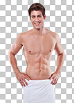 Studio shot of a bare-chested young man with a towel wrapped around his waist isolated on a png background