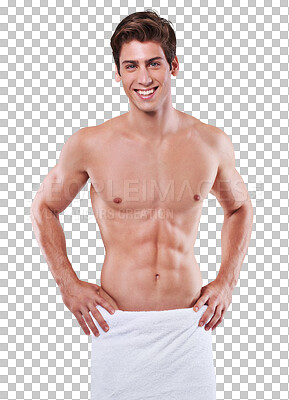 Buy stock photo Portrait, muscle and man in shower towel isolated on a transparent png background. Cleaning, body care and smile of fitness model with strong abs after exercise, workout or training for wellness