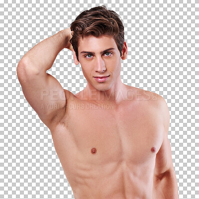 Buy stock photo Shirtless, handsome and sexy portrait of a man isolated on a transparent png background. Grooming, hygiene and a topless and naked person with cool attitude and satisfaction after a wash or cleaning