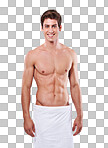 Studio shot of a bare-chested young man with a towel wrapped around his waist isolated on a png background