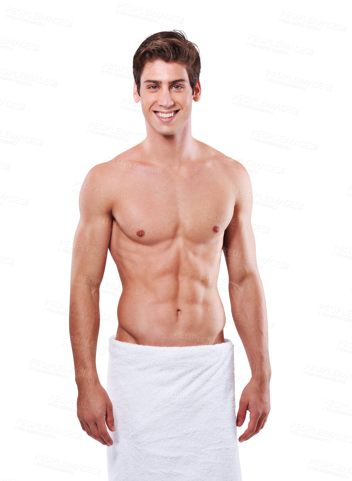 Buy stock photo Body muscle, portrait and man in towel standing isolated on a transparent png background. Cleaning, skincare or smile of fitness model with strong abs after exercise, workout or training for wellness