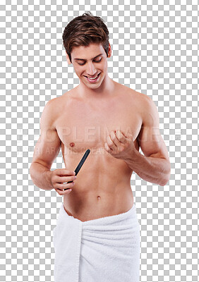 Buy stock photo Nails, smile and man with self care, shirtless and grooming routine isolated against a transparent background. Male person, happy guy or model with beauty, cosmetics and manicure with a towel and png