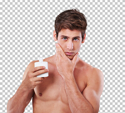 Buy stock photo Isolated man, bottle and shaving in portrait for skincare, wellness and beauty by transparent png background. Young guy, model and aftershave product with smooth, healthy and facial hair removal