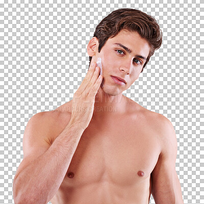 Buy stock photo Beauty, cream and portrait of man on transparent background for morning routine, skincare and self care. Spa treatment, product and lotion on face of male model on png for sunscreen, facial and glow