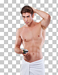 Studio shot of a young shirtless man putting gel in his hair isolated on a png background