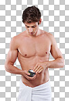 Studio shot of a young shirtless man putting gel in his hair isolated on a png background