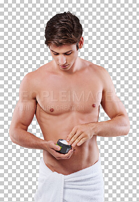 Buy stock photo Body care, wellness and young man with lotion for moisturizing his skin after grooming shower. Cosmetic, beauty and male model with cream for dermatology health isolated by transparent png background