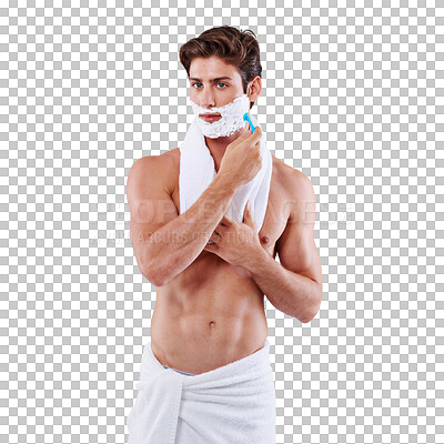 Buy stock photo Razor, shaving foam and face of man isolated on a transparent png background. Shave beard, cream and model grooming for skincare, hair removal and facial product for epilation, wellness or cleaning.