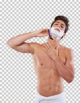 Buy stock photo Razor, shaving cream and face of man isolated on a transparent png background. Shave, towel and model grooming for skincare, hair removal and facial product for treatment, wellness and cosmetics.