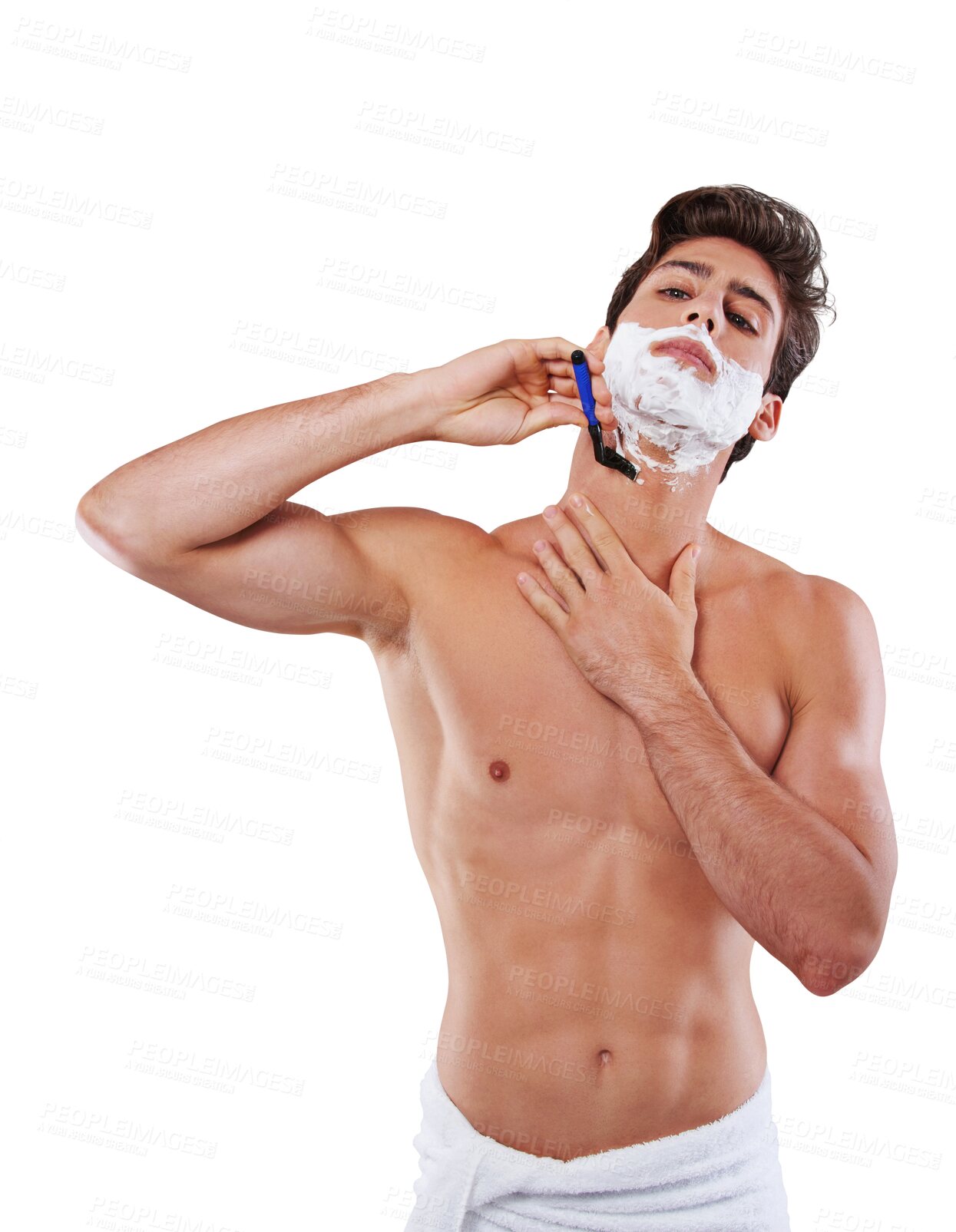 Buy stock photo Razor, shaving cream and face of man isolated on a transparent png background. Shave, towel and model grooming for skincare, hair removal and facial product for treatment, wellness and cosmetics.