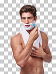 Studio shot of a handsome bare chested young man shaving isolated on a png background