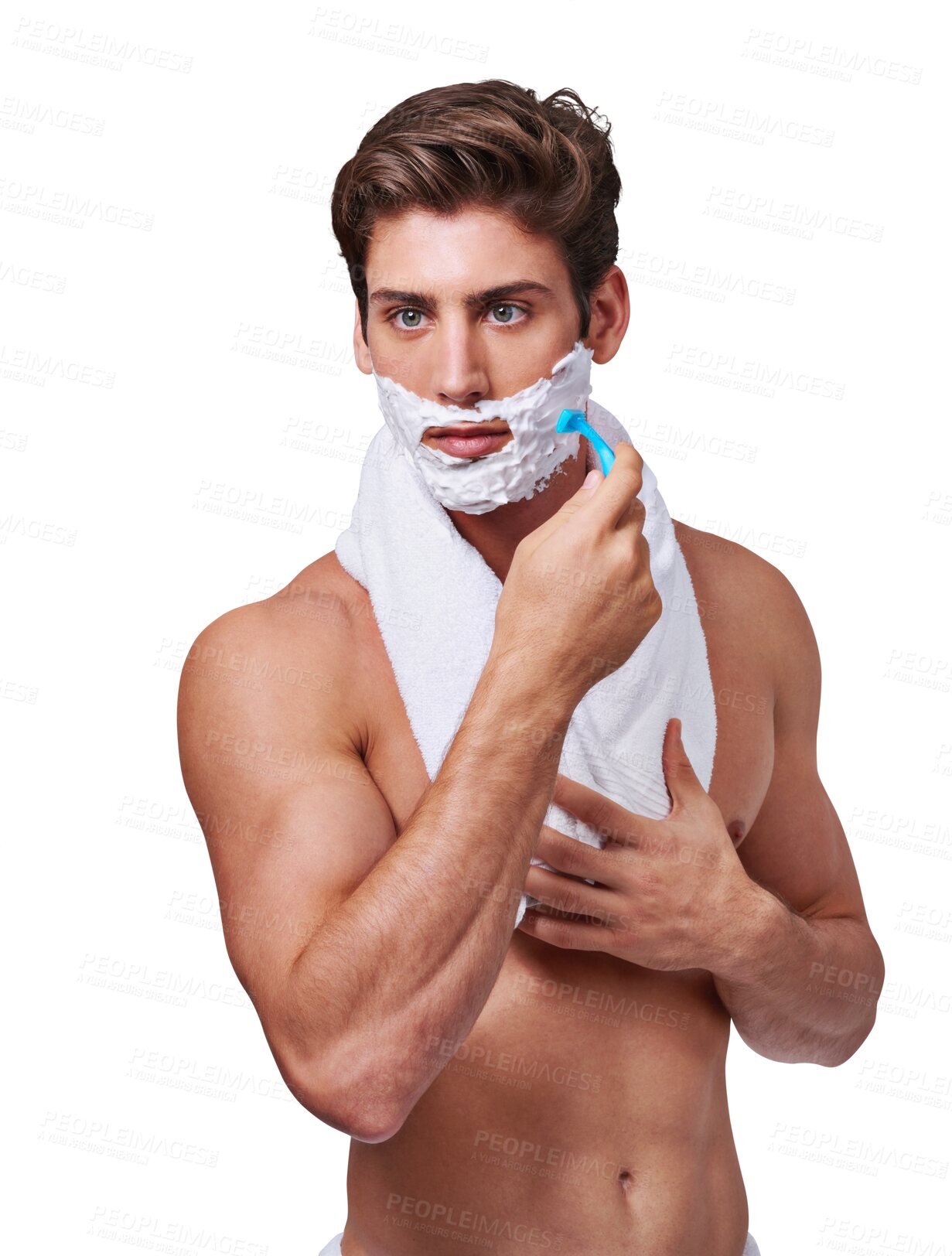 Buy stock photo Shaving cream, razor and face of man isolated on a transparent png background. Shave beard, hair removal and male model grooming, skincare and facial product for epilation, wellness and cleaning.