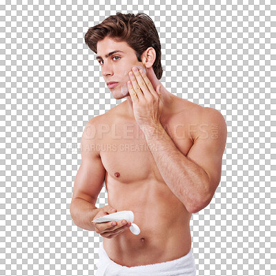 Buy stock photo Skincare, cosmetics and man with face cream, dermatology and guy isolated against a transparent background. Male person, organic facial and model with creme, lotion and beauty with png and treatment