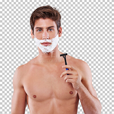 Buy stock photo Shave foam, razor and face of man isolated on a transparent png background. Shaving beard, portrait and person grooming for skincare, hair removal or facial product for treatment and cleaning