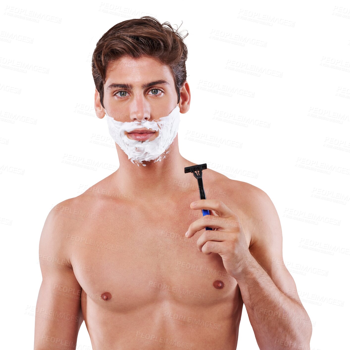 Buy stock photo Shave foam, razor and face of man isolated on a transparent png background. Shaving beard, portrait and person grooming for skincare, hair removal or facial product for treatment and cleaning