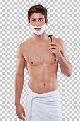 Buy stock photo Razor, shave cream and portrait of man isolated on a transparent png background. Shaving, towel and model grooming for skincare, hair removal or facial product for treatment, wellness and cosmetics.