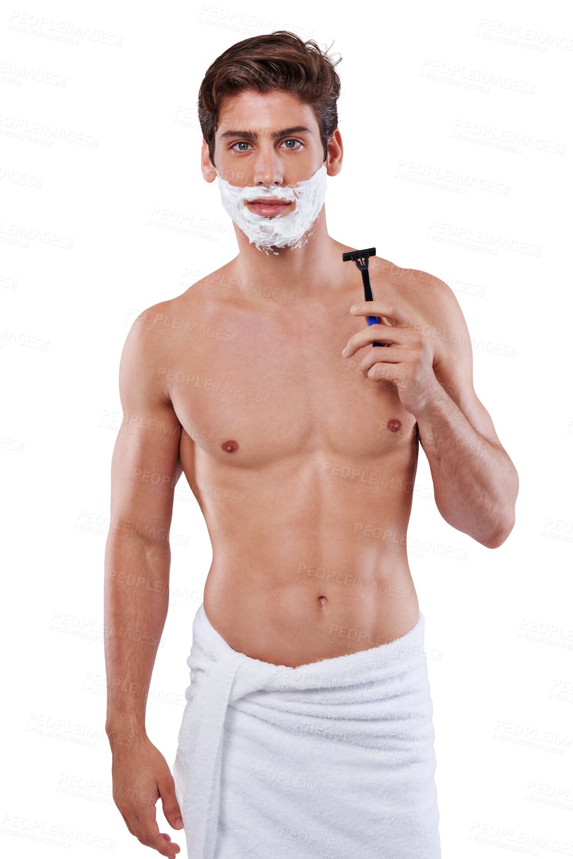 Buy stock photo Razor, shave cream and portrait of man isolated on a transparent png background. Shaving, towel and model grooming for skincare, hair removal or facial product for treatment, wellness and cosmetics.