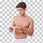 Studio shot of a handsome bare chested young man holding a tube of lotion isolated on a png background