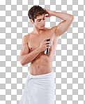 Studio shot of a handsome bare chested young man spraying himself with deodorant isolated on a png background