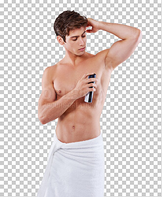 Buy stock photo Deodorant, spray and man grooming during cosmetic morning routine isolated in a transparent or png background. Body, towel and young person or model use fragrance or  perfume for fresh scent