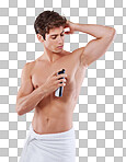 Studio shot of a handsome bare chested young man spraying himself with deodorant isolated on a png background