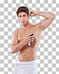 Studio shot of a handsome bare chested young man spraying himself with deodorant isolated on a png background